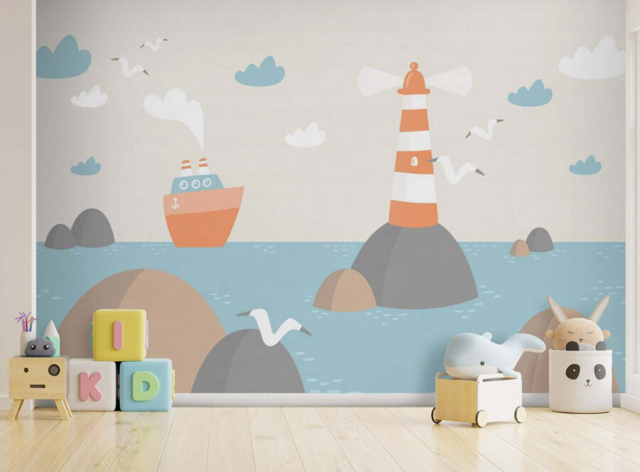 Cartoon of a lighthouse and a boat