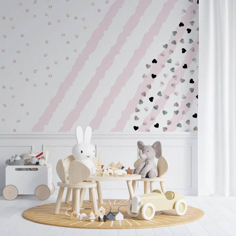 Pink and white striped background with small hearts Pink and white striped background with small hearts