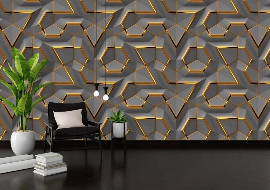 Wall murals Metallic honeycomb structure, luminous edges.