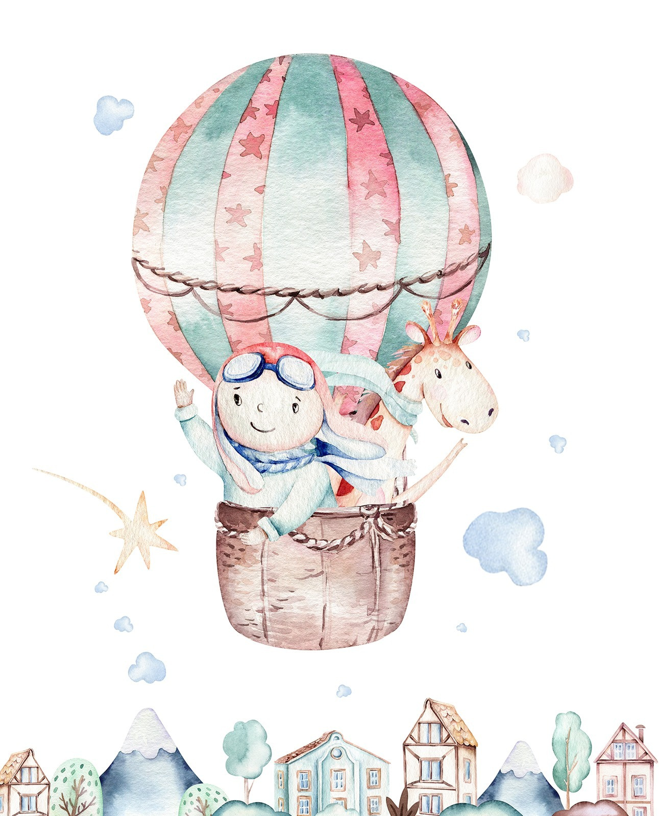 u72079p - Watercolor illustration of a person in a hot air balloon - tegory