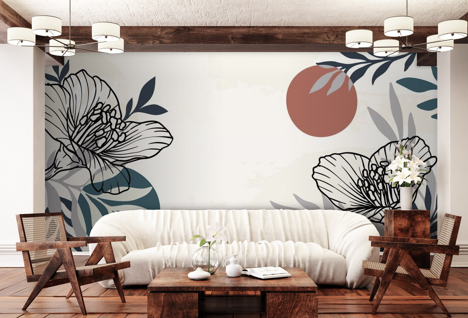 u71814pig1m - White background with black and white flowers and leaves - tegory