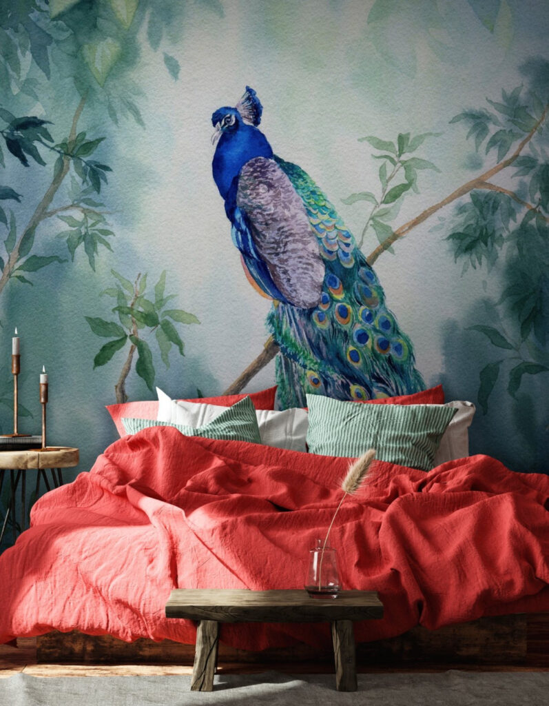 Watercolor of a peacock on a branch Watercolor of a peacock on a branch