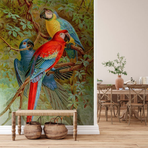 Group of colorful birds on a tree branch Group of colorful birds on a tree branch