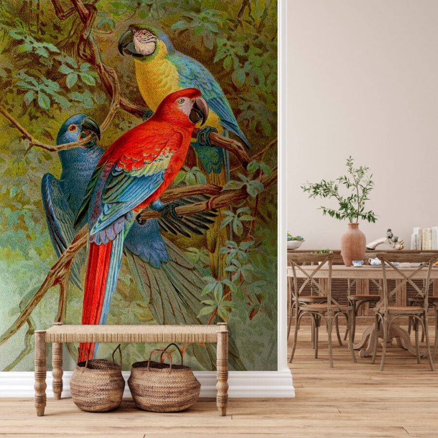 Group of colorful birds on a tree branch Group of colorful birds on a tree branch