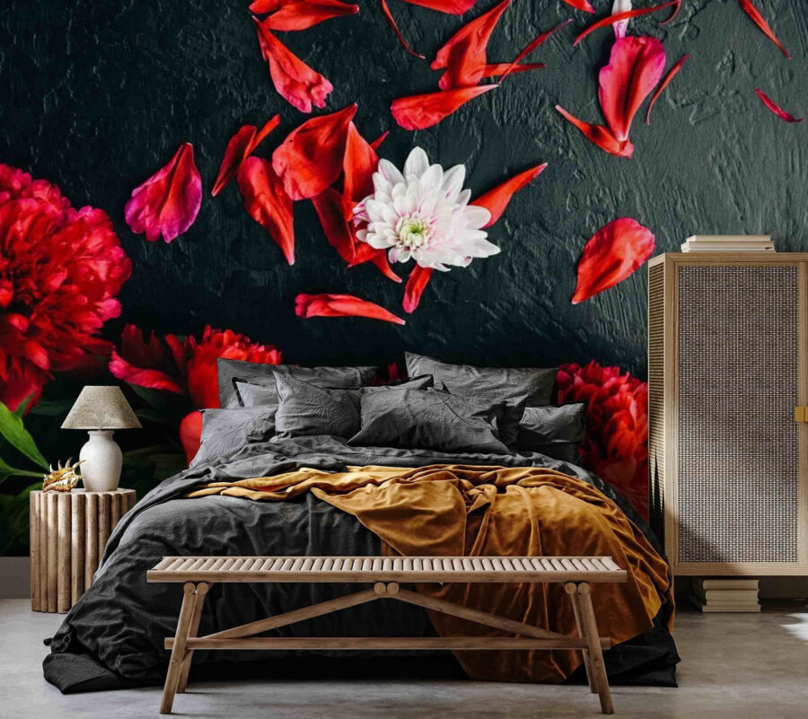 Wall murals Group of red flowers with petals on a black surface - Image 2