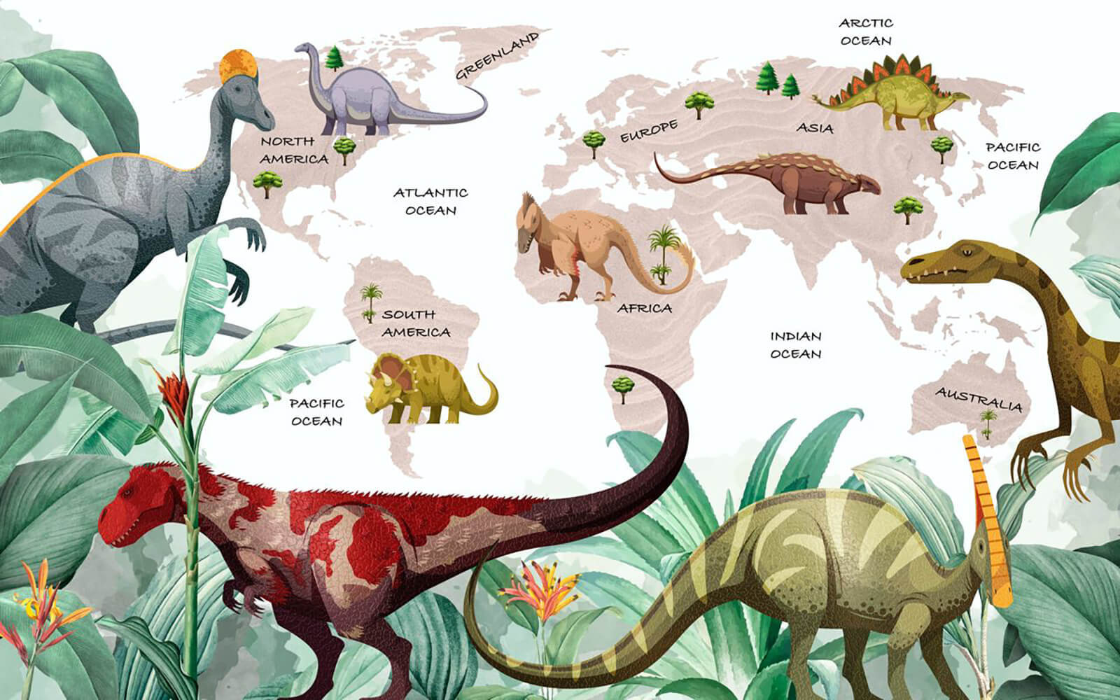 Map of dinosaurs with plants and names