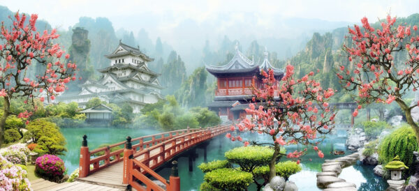 Bridge over water with a building and trees Bridge over water with a building and trees