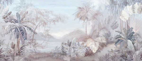 Painting of a landscape with trees and mountains
