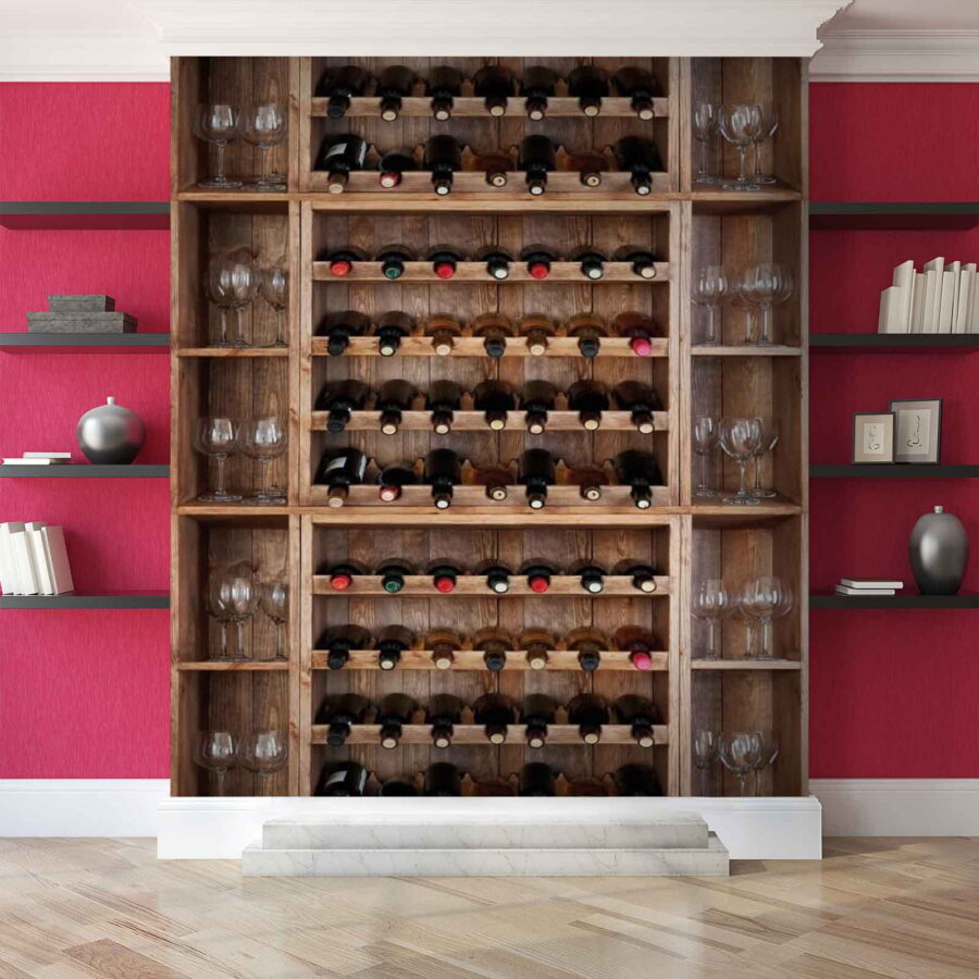 Wine bottles and glasses on a shelf