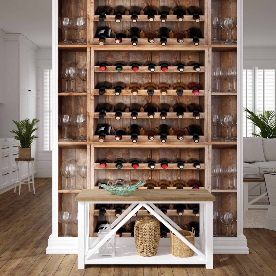 Wine bottles and glasses on a shelf