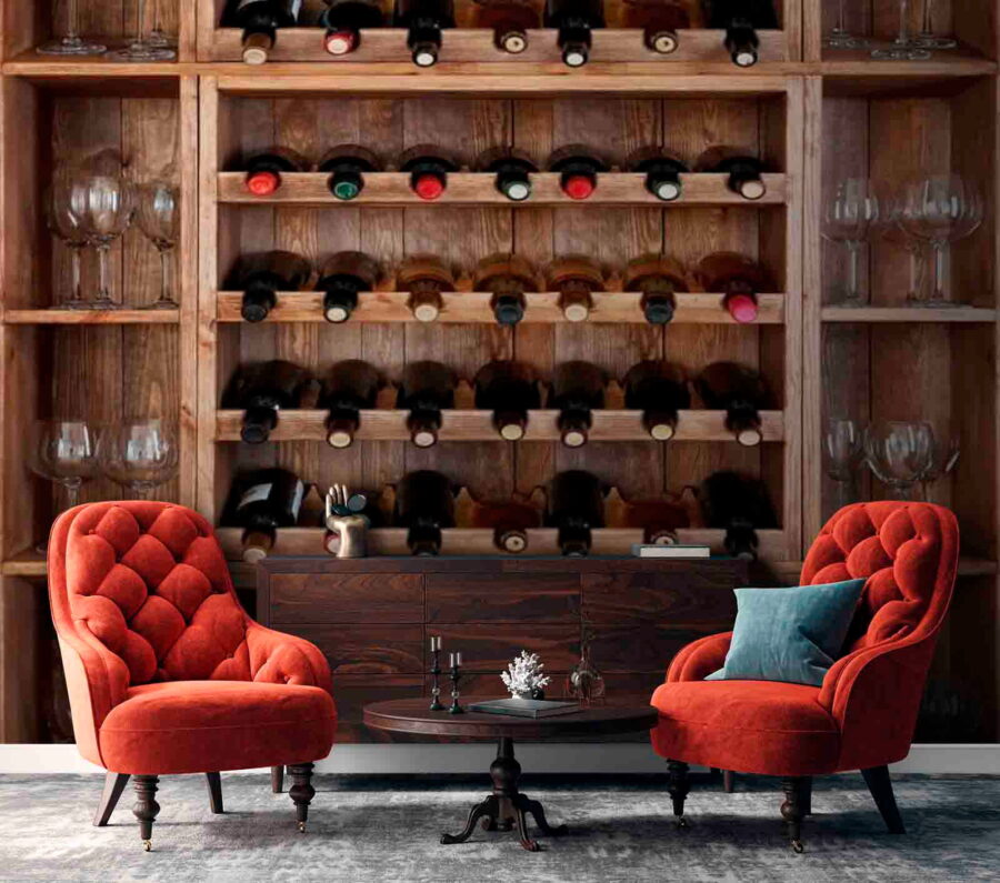 Wine bottles and glasses on a shelf