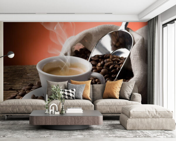 Cup of coffee with steam and coffee beans Cup of coffee with steam and coffee beans