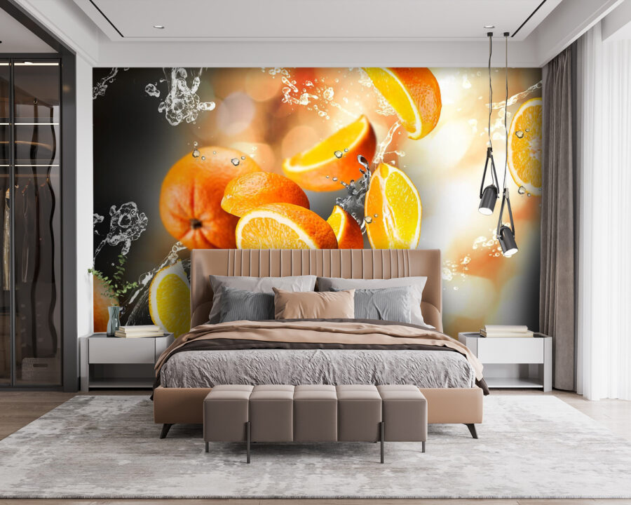 Oranges falling into water with water splashing