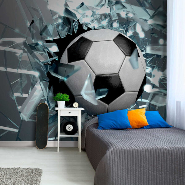 Football ball breaking through glass Football ball breaking through glass