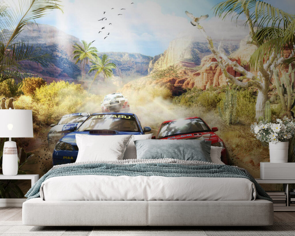 Group of cars driving on a dirt road