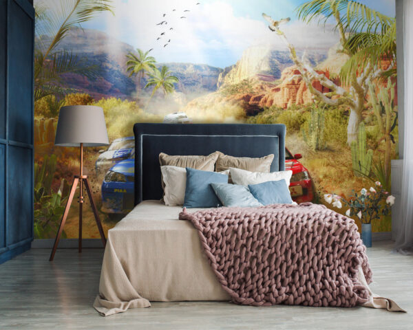 Group of cars driving on a dirt road