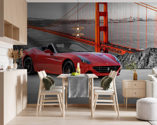Red sports car on a road with a bridge in the background Red sports car on a road with a bridge in the background