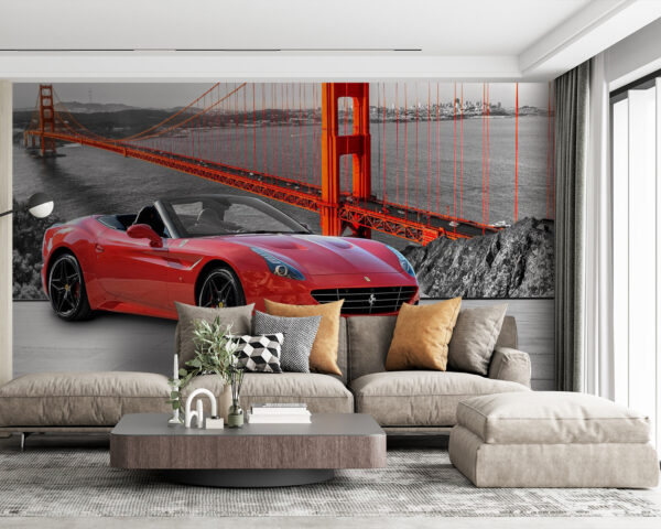Red sports car on a road with a bridge in the background Red sports car on a road with a bridge in the background