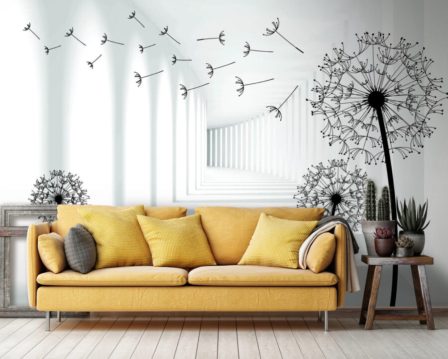 Girl riding a bike in a room with dandelions