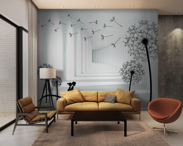Girl riding a bike in a room with dandelions Girl riding a bike in a room with dandelions