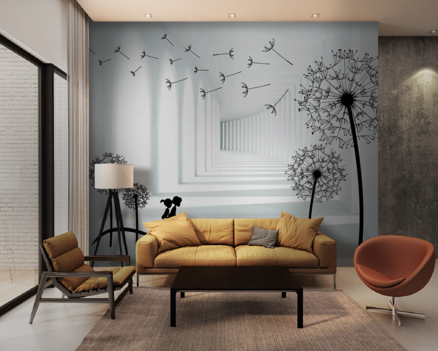 Girl riding a bike in a room with dandelions