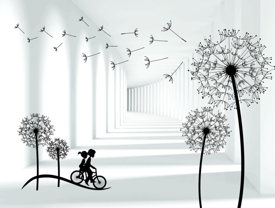 Girl riding a bike in a room with dandelions