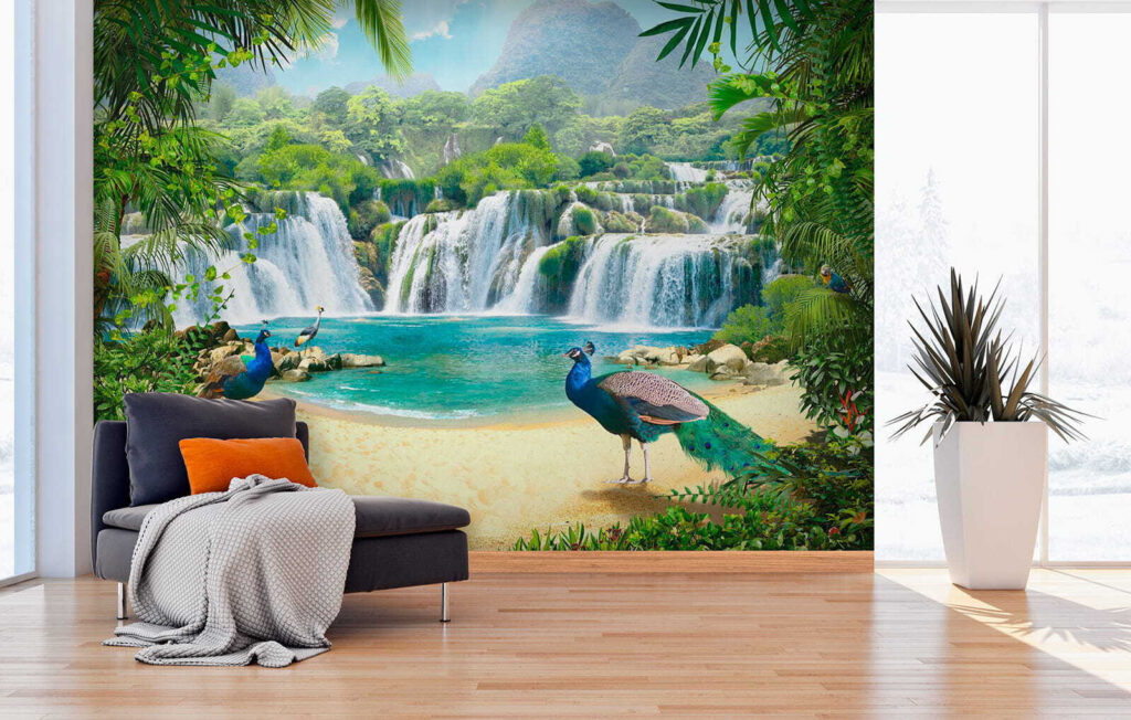 Waterfall and birds in a forest