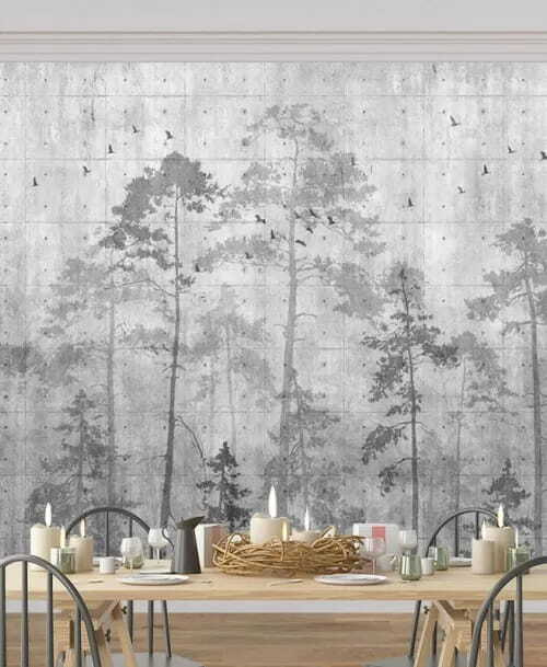 Grey wall with trees and birds