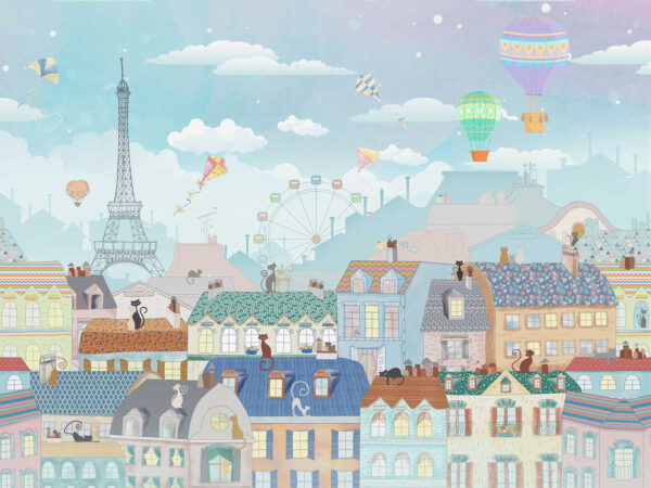 Cartoon city with many buildings and hot air balloons Cartoon city with many buildings and hot air balloons