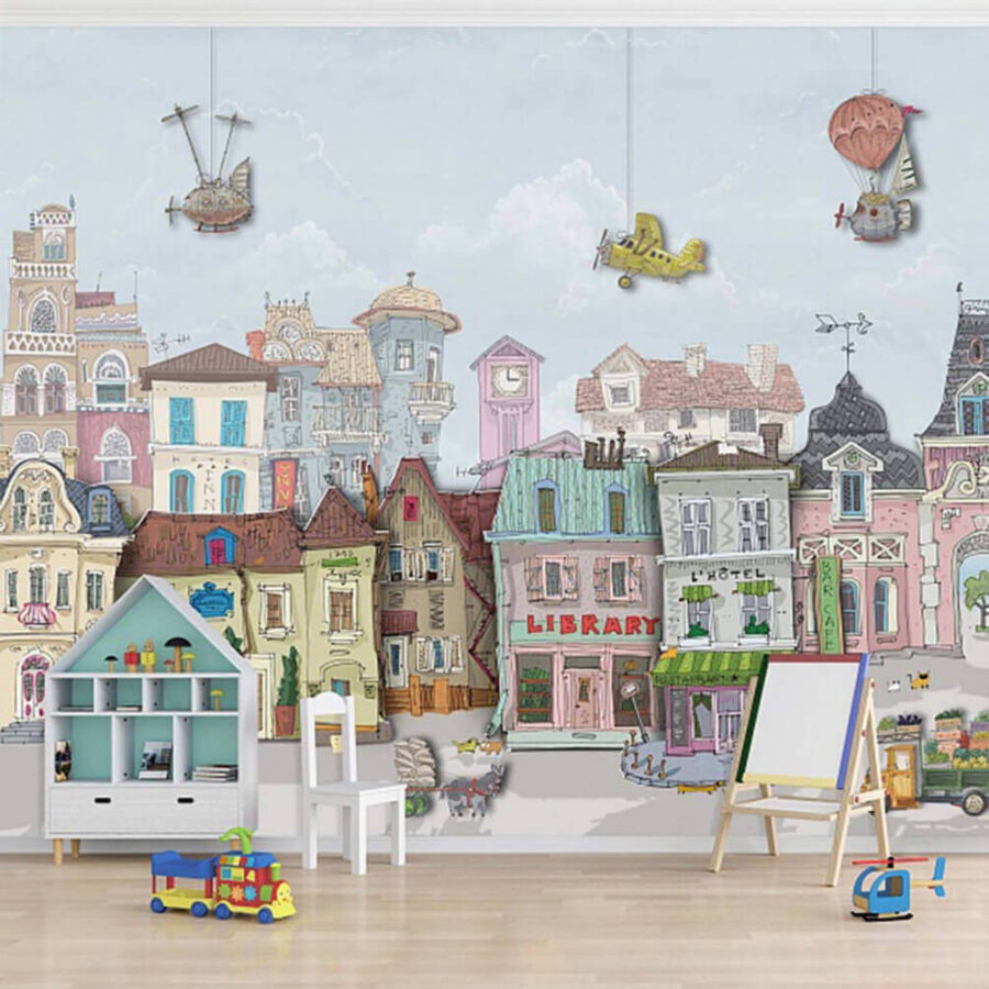 Group of buildings with cars and airplanes