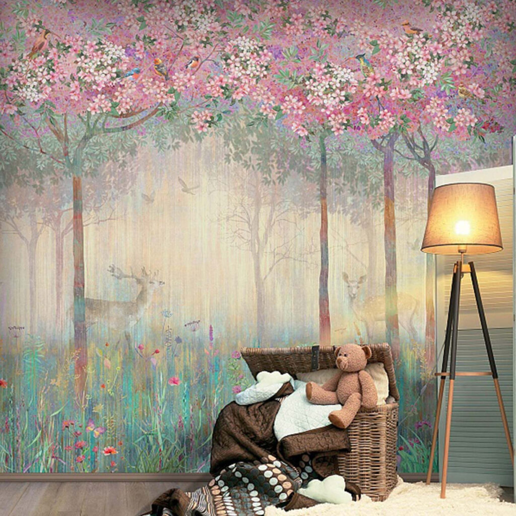 Painting of a forest with trees and flowers Painting of a forest with trees and flowers