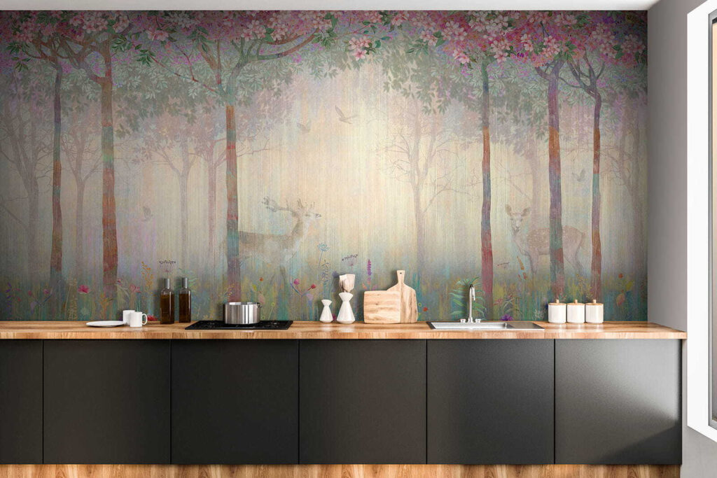 Painting of a forest with trees and flowers Painting of a forest with trees and flowers