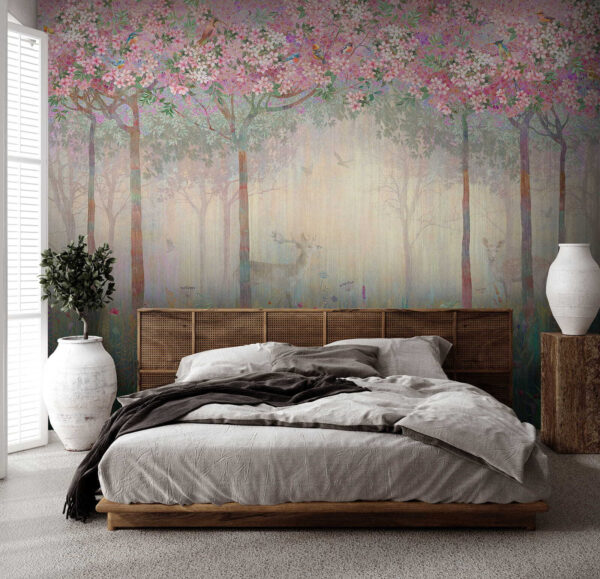 Painting of a forest with trees and flowers Painting of a forest with trees and flowers