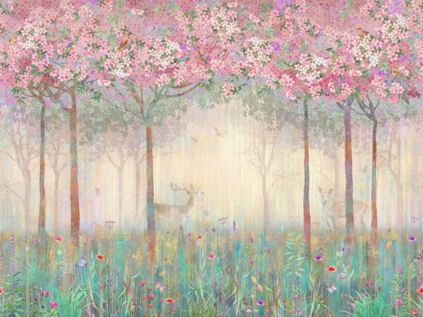 Painting of a forest with trees and flowers Painting of a forest with trees and flowers