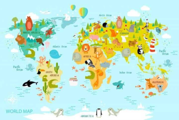 Map of the world with animals Map of the world with animals
