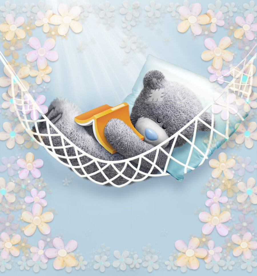 Teddy bear sleeping in a hammock