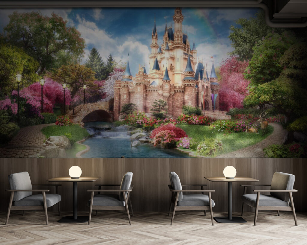 Castle with a pond and a rainbow Castle with a pond and a rainbow