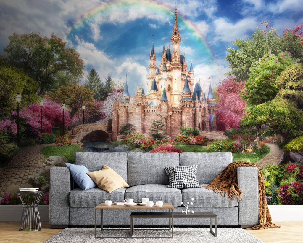 Castle with a pond and a rainbow Castle with a pond and a rainbow