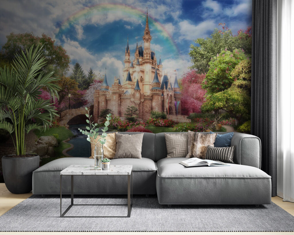 Castle with a pond and a rainbow Castle with a pond and a rainbow