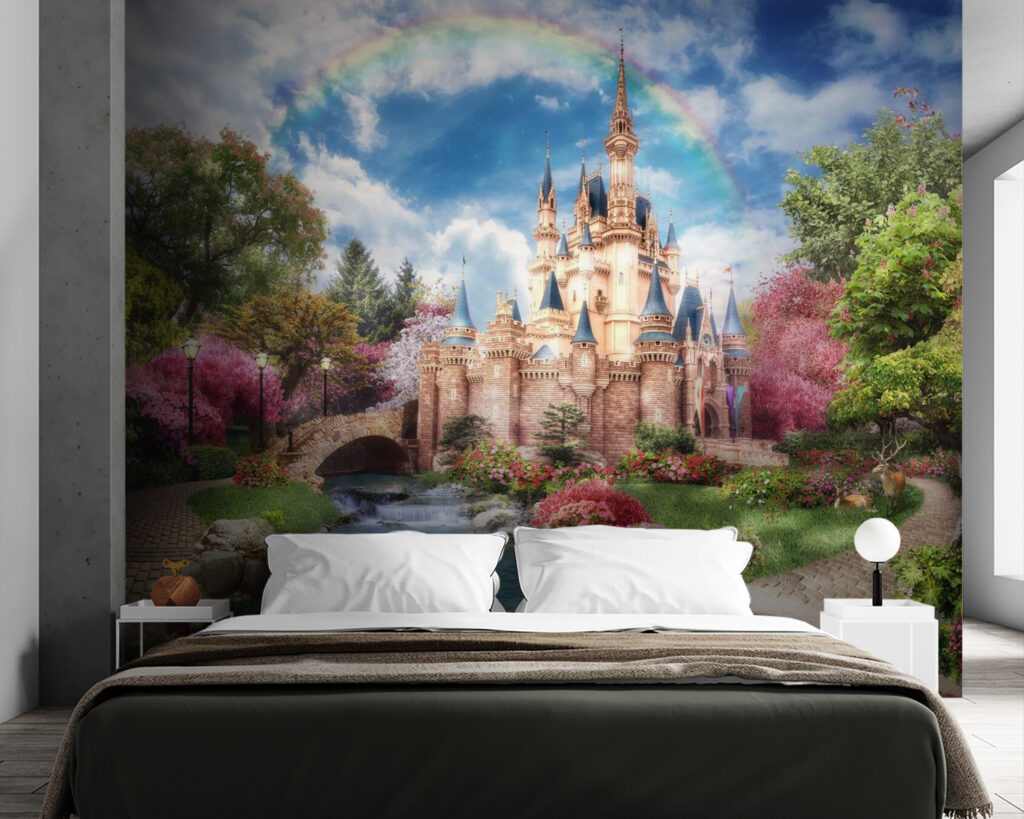 Castle with a pond and a rainbow Castle with a pond and a rainbow