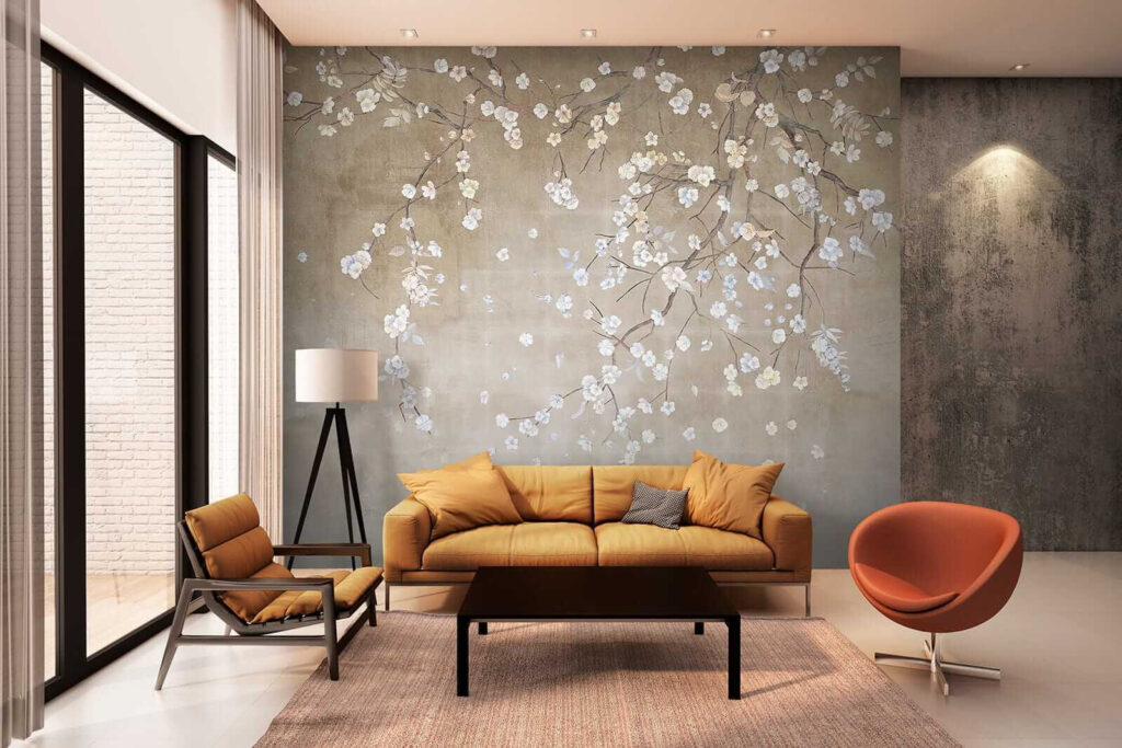 Tree branch with white and blue flowers