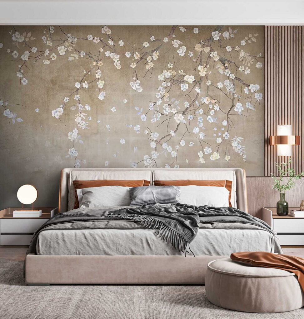 Tree branch with white and blue flowers