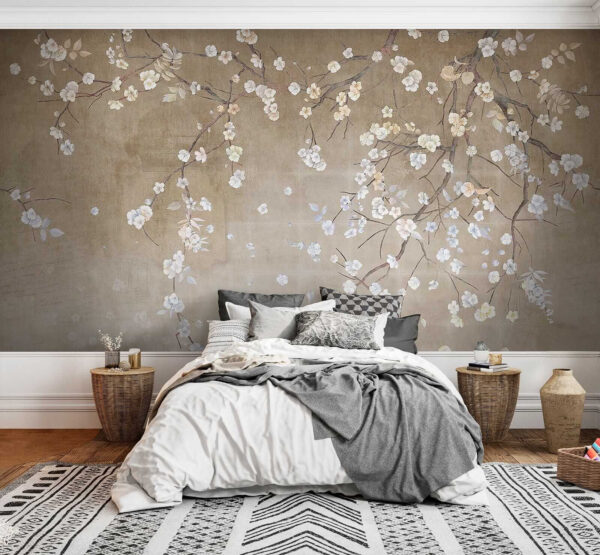 Tree branch with white and blue flowers