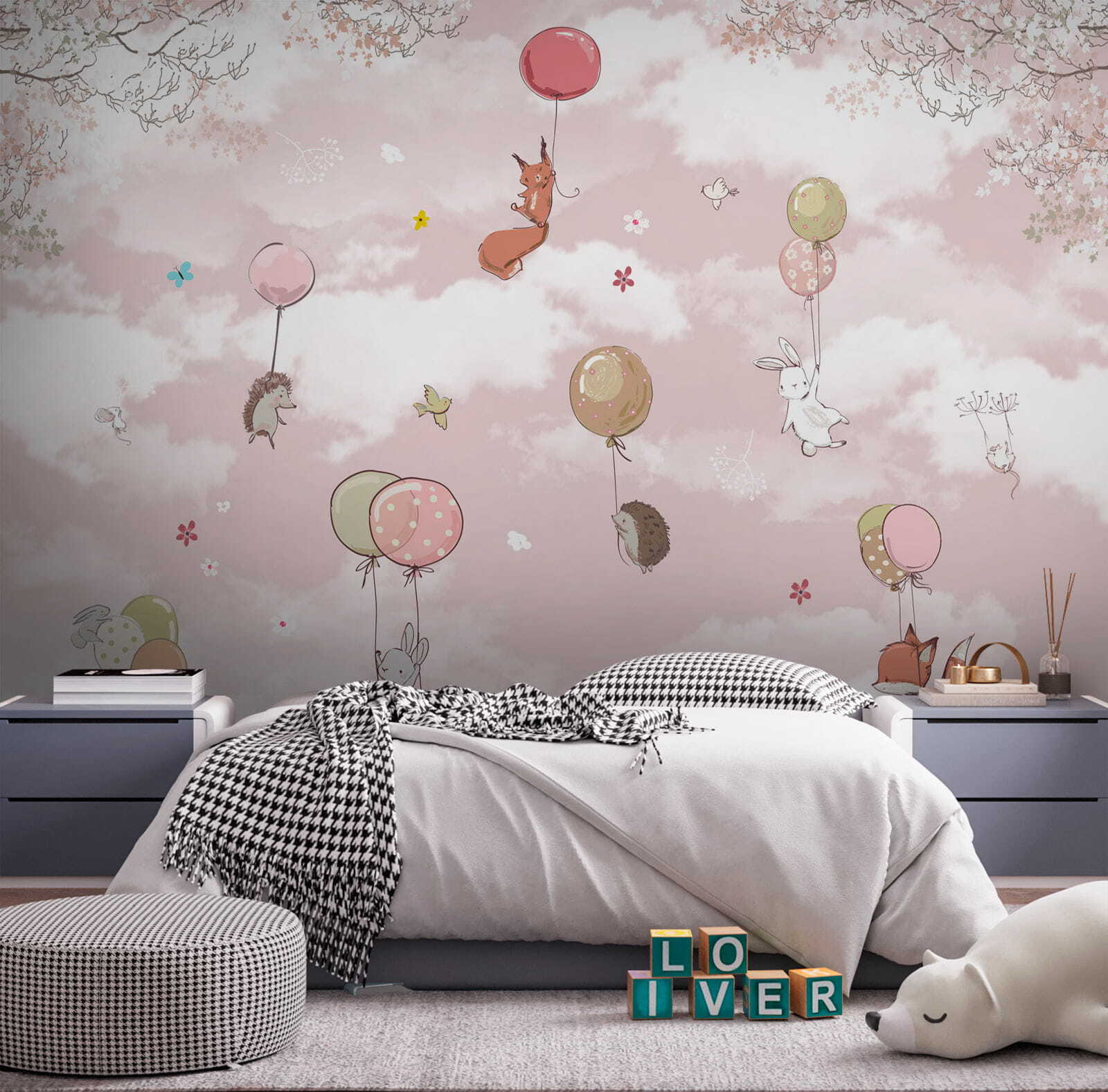 Group of animals flying with balloons in the sky