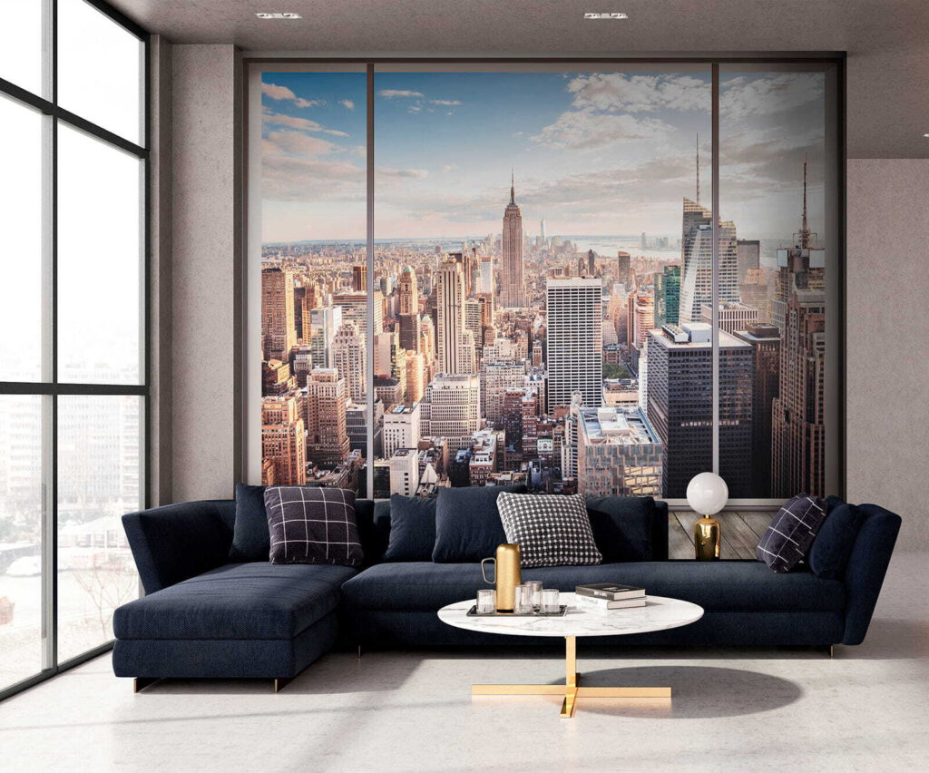 Large window with a city view