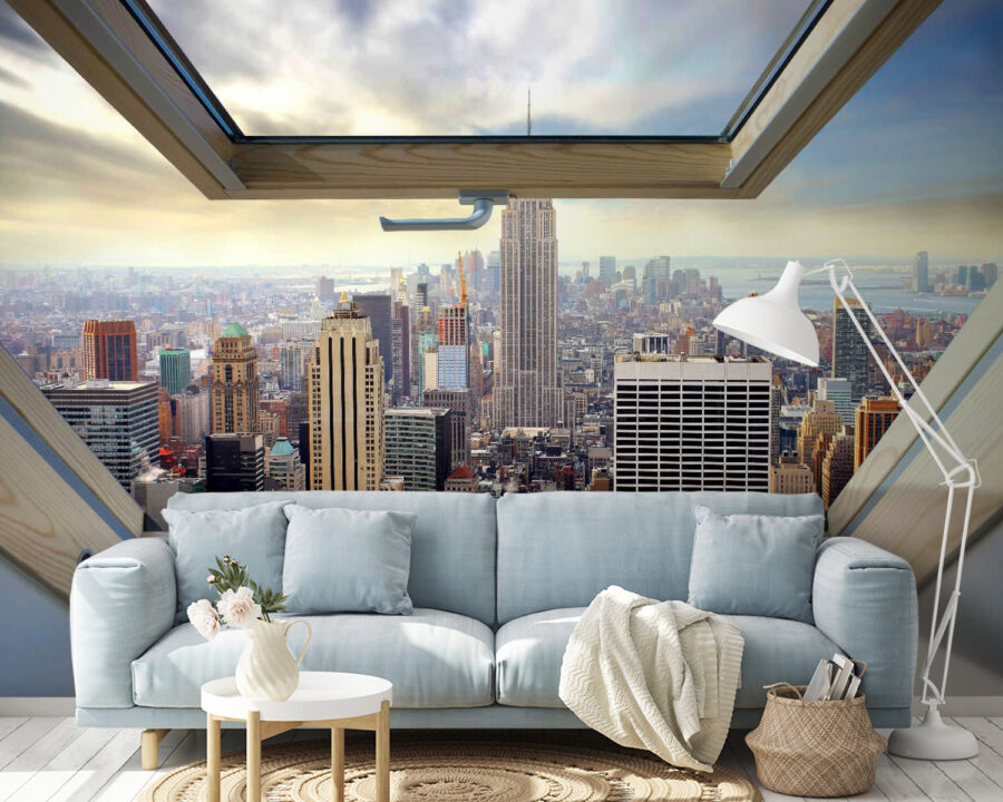 Wall murals Window with a view of a city