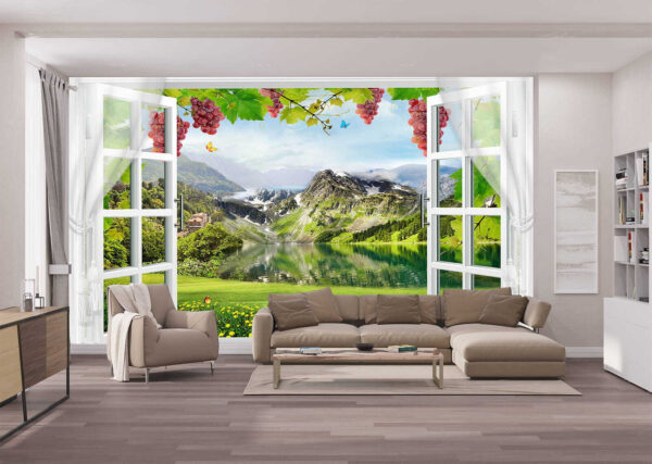 Window with a view of a lake and mountains Window with a view of a lake and mountains