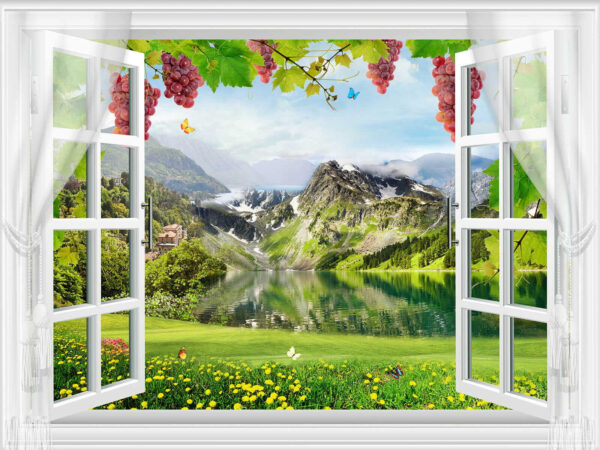 Window with a view of a lake and mountains Window with a view of a lake and mountains