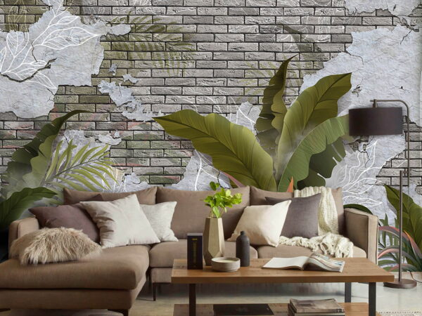 Brick wall with leaves and a brick wall Brick wall with leaves and a brick wall