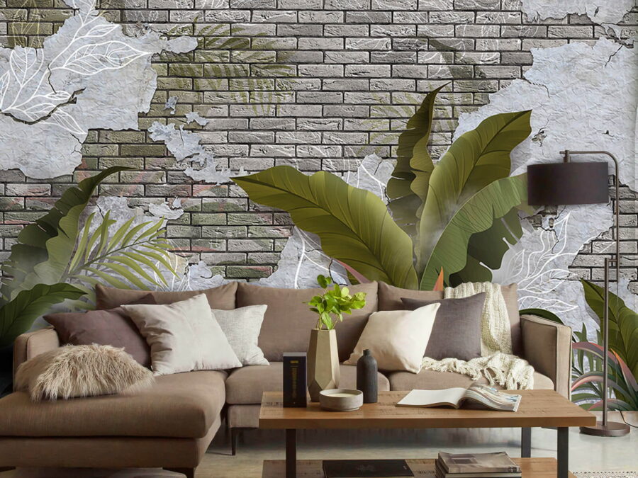 Brick wall with leaves and a brick wall